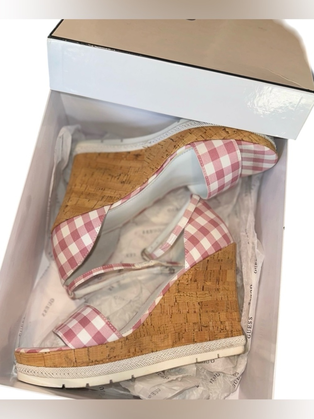 Guess Gingham Cork Wedge Sandals Womens Pink & White Checkered Size 9.5 - Picture 2 of 7